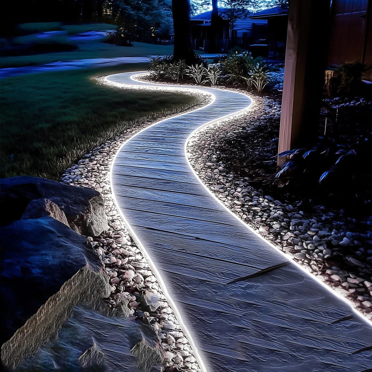 Wooden pathway illuminated by embedded lights winding through a garden at night.