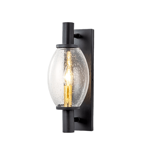 Black wall-mounted light fixture with clear glass shade on a green background