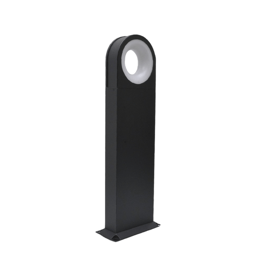 Black metal post with circular white component on a transparent background