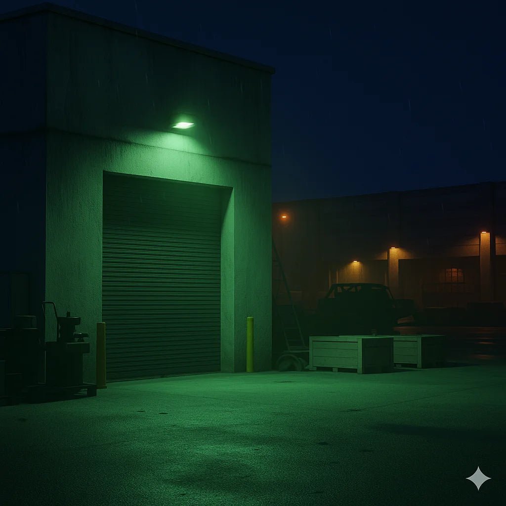 Green-lit industrial building at night with a truck in the foreground