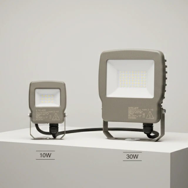 Two LED flood lights, one 10W and one 30W, on a white surface with a light gray background.