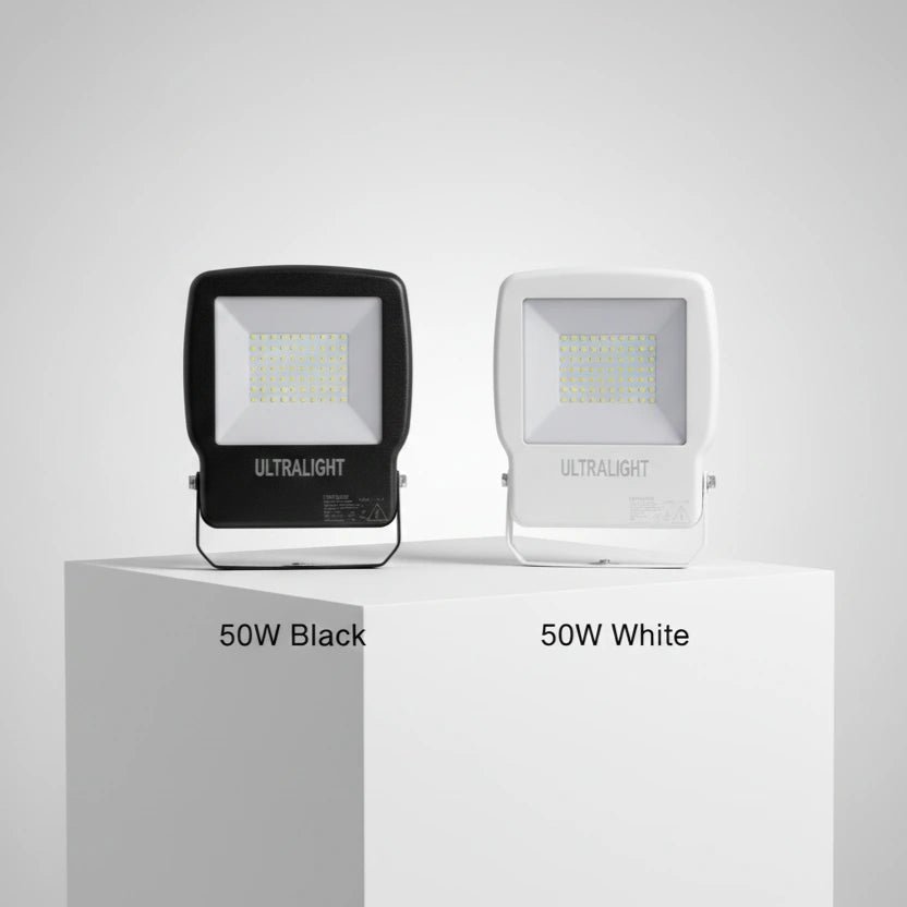 Two 50W UltraLight flood lights, one black and one white, on a gray background.