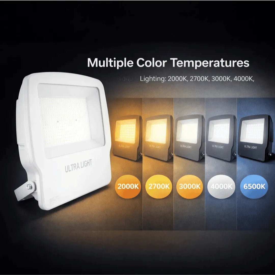 Ultra Light floodlight with color temperature options on a dark background