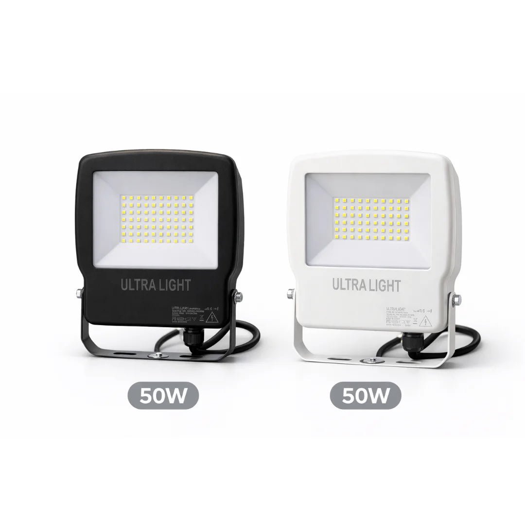 Two ultra-light 50W flood lights, one black and one white, on a white background.