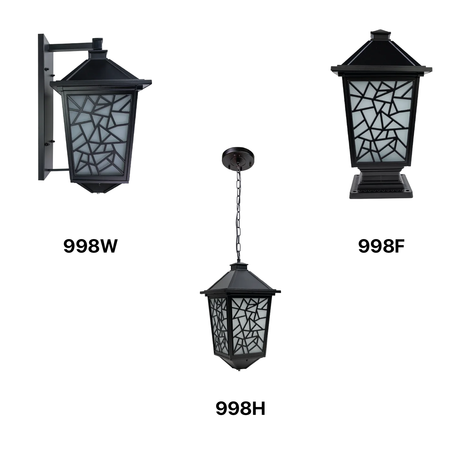 Three black outdoor lanterns with geometric designs on a white background