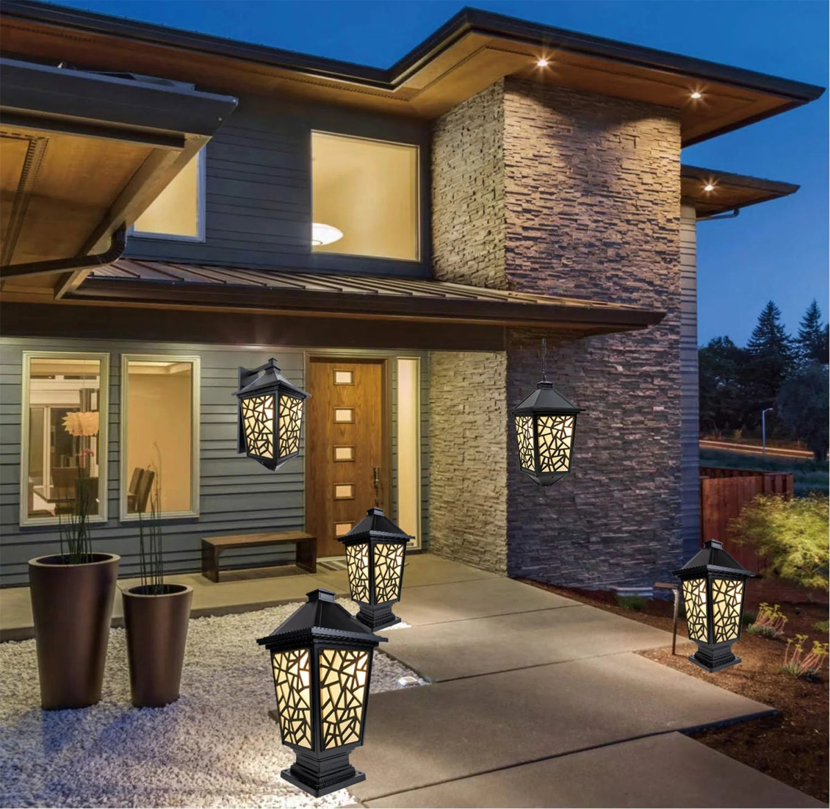 Modern house exterior with decorative outdoor lights and potted plants.