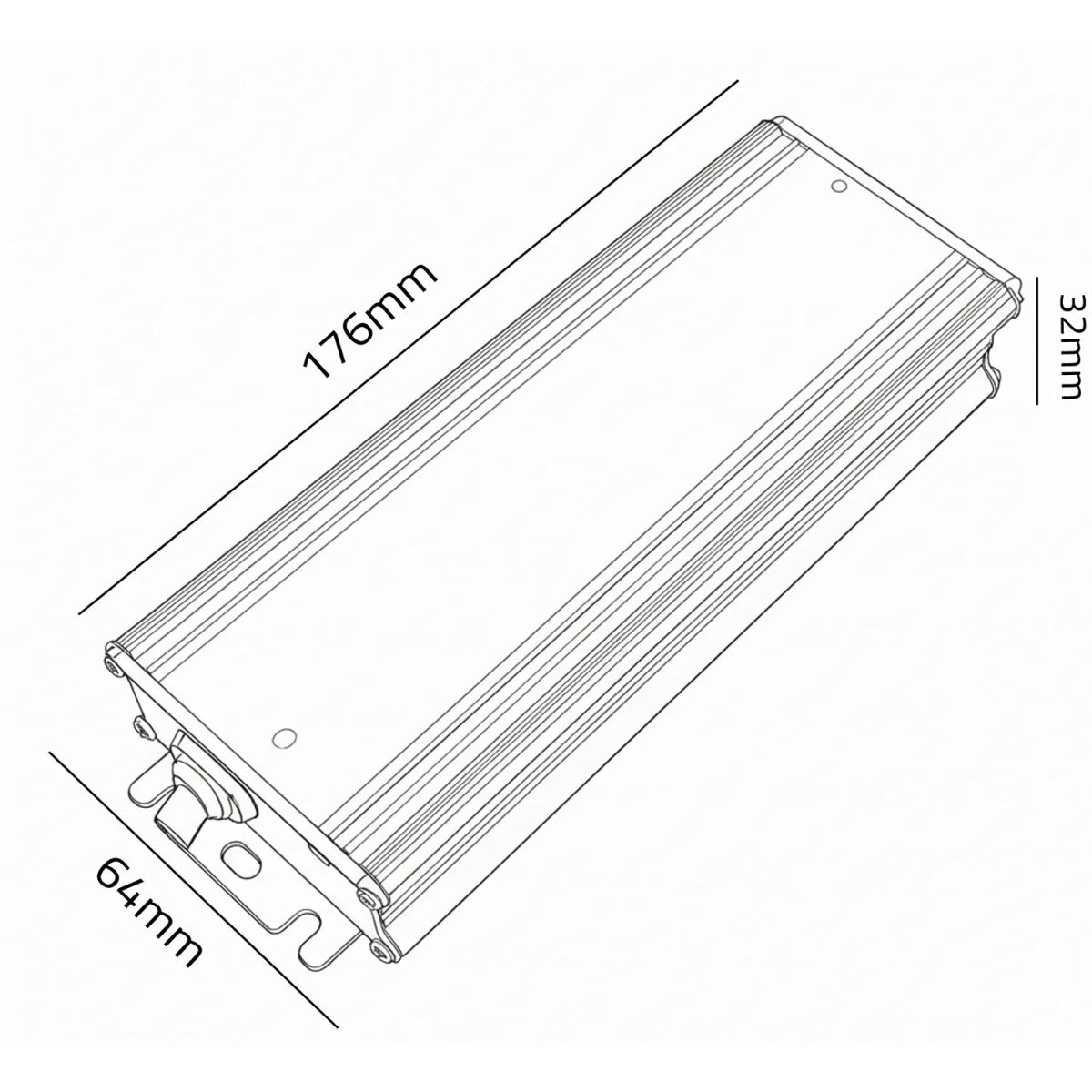 Technical drawing of a rectangular metal component with dimensions labeled