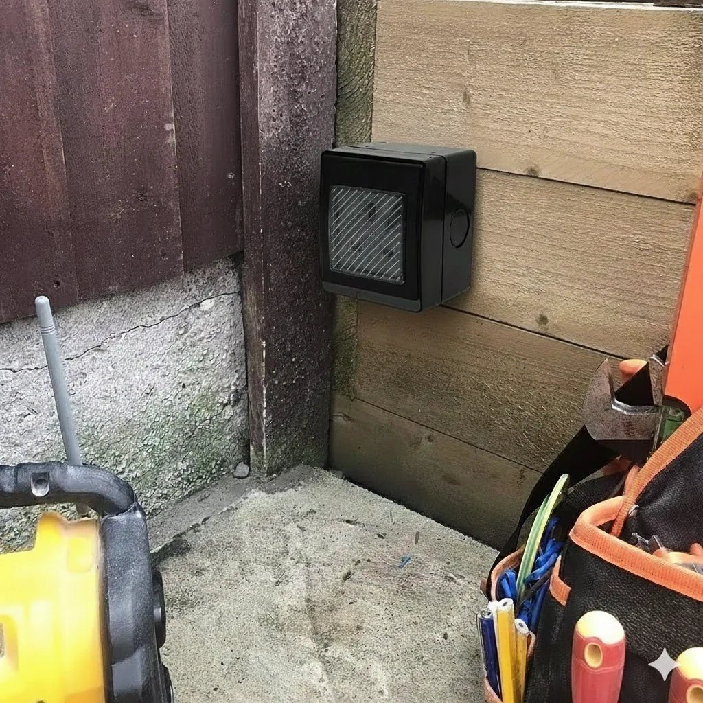 Black outdoor light fixture on a wooden wall with tools in the foreground.