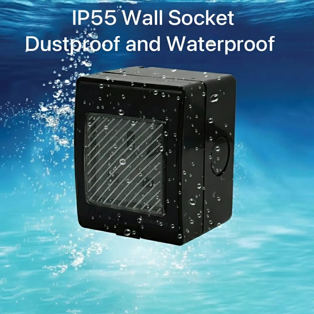 Black wall socket with water droplets on a blue underwater background, labeled IP55 Wall Socket Dustproof and Waterproof.