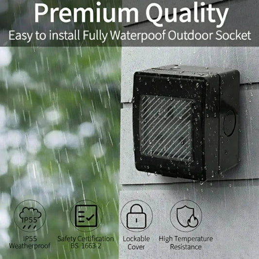 Outdoor socket with rain simulation and text highlighting features on a gray background