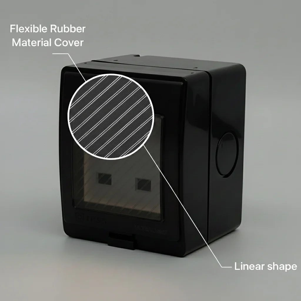 Black rectangular box with a flexible rubber material cover on a gray background