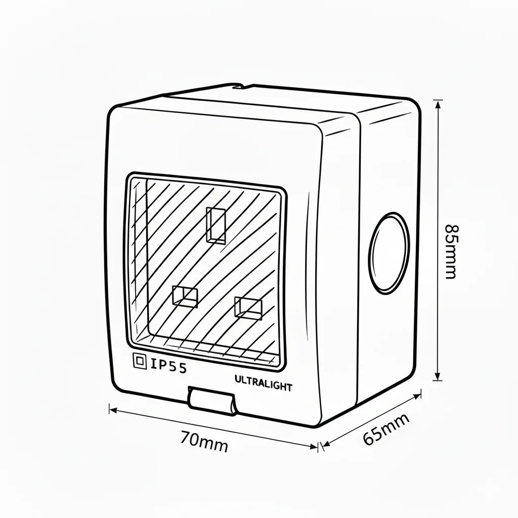 Technical drawing of a small rectangular device with dimensions labeled