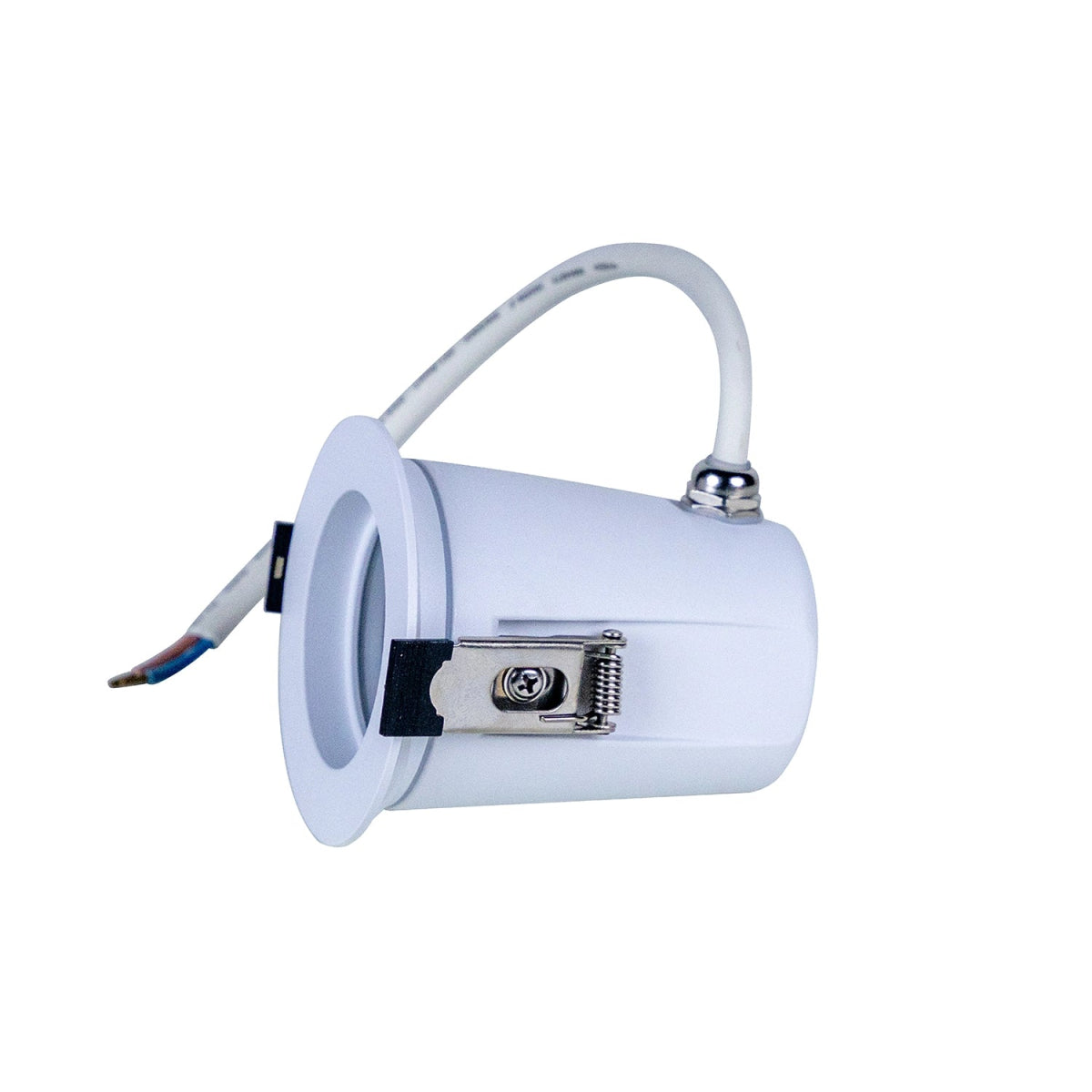 White recessed light fixture with wiring on a white background