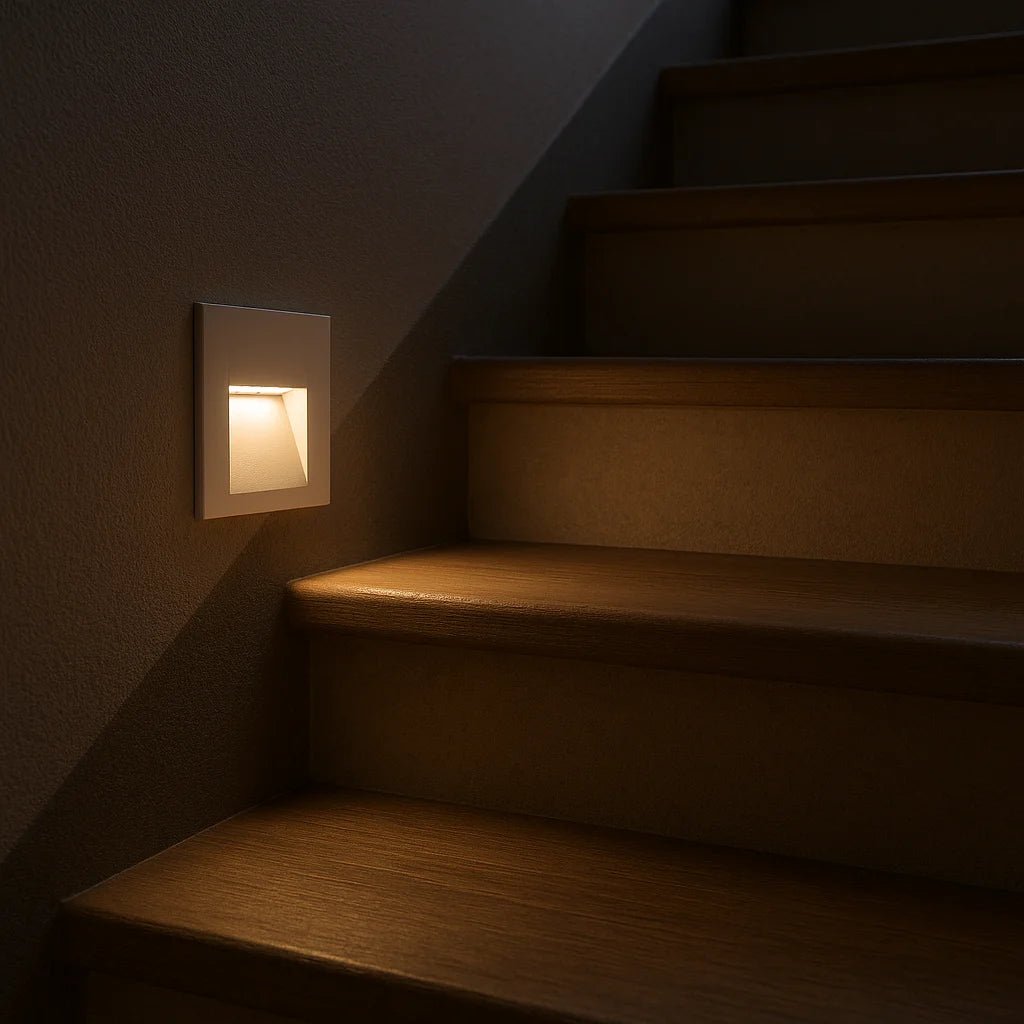 Wooden staircase with a wall-mounted light fixture casting a warm glow.