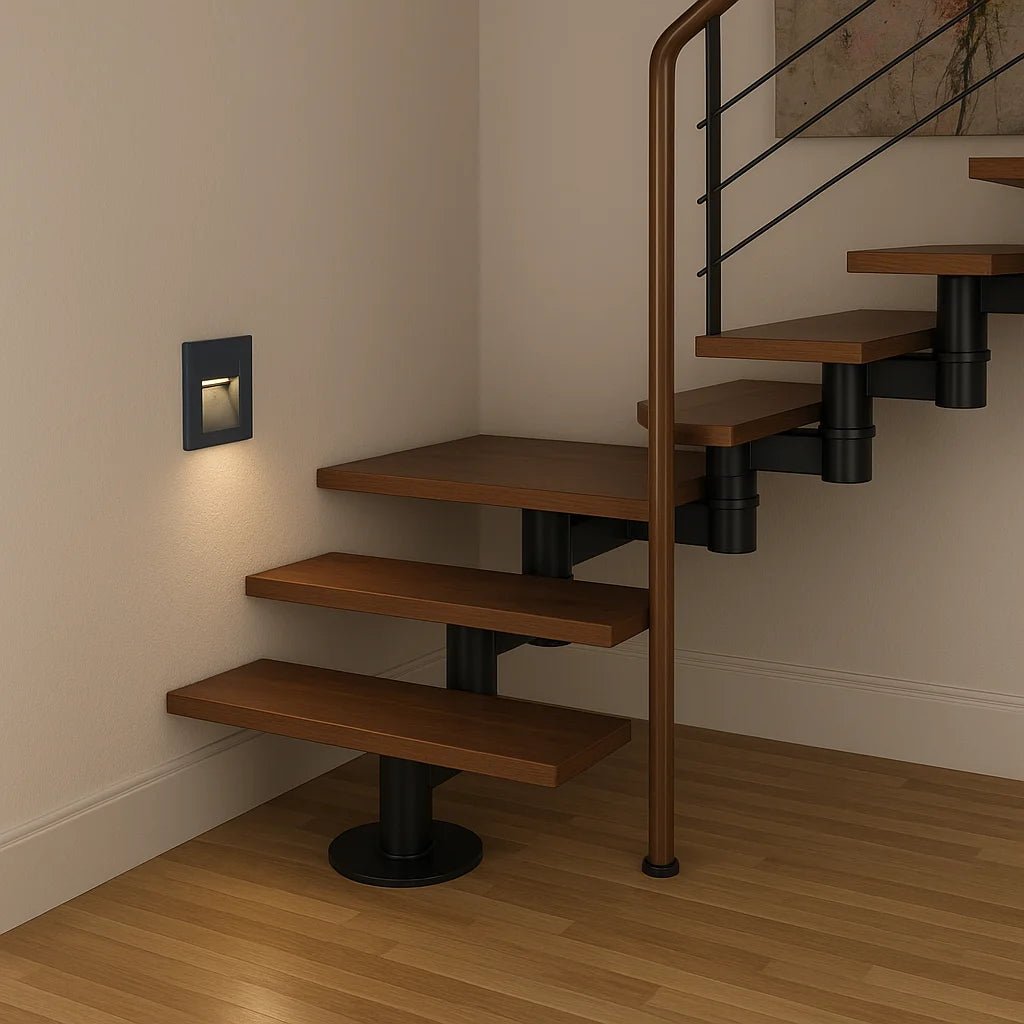 Wooden staircase with black metal railings in a room with wooden flooring.