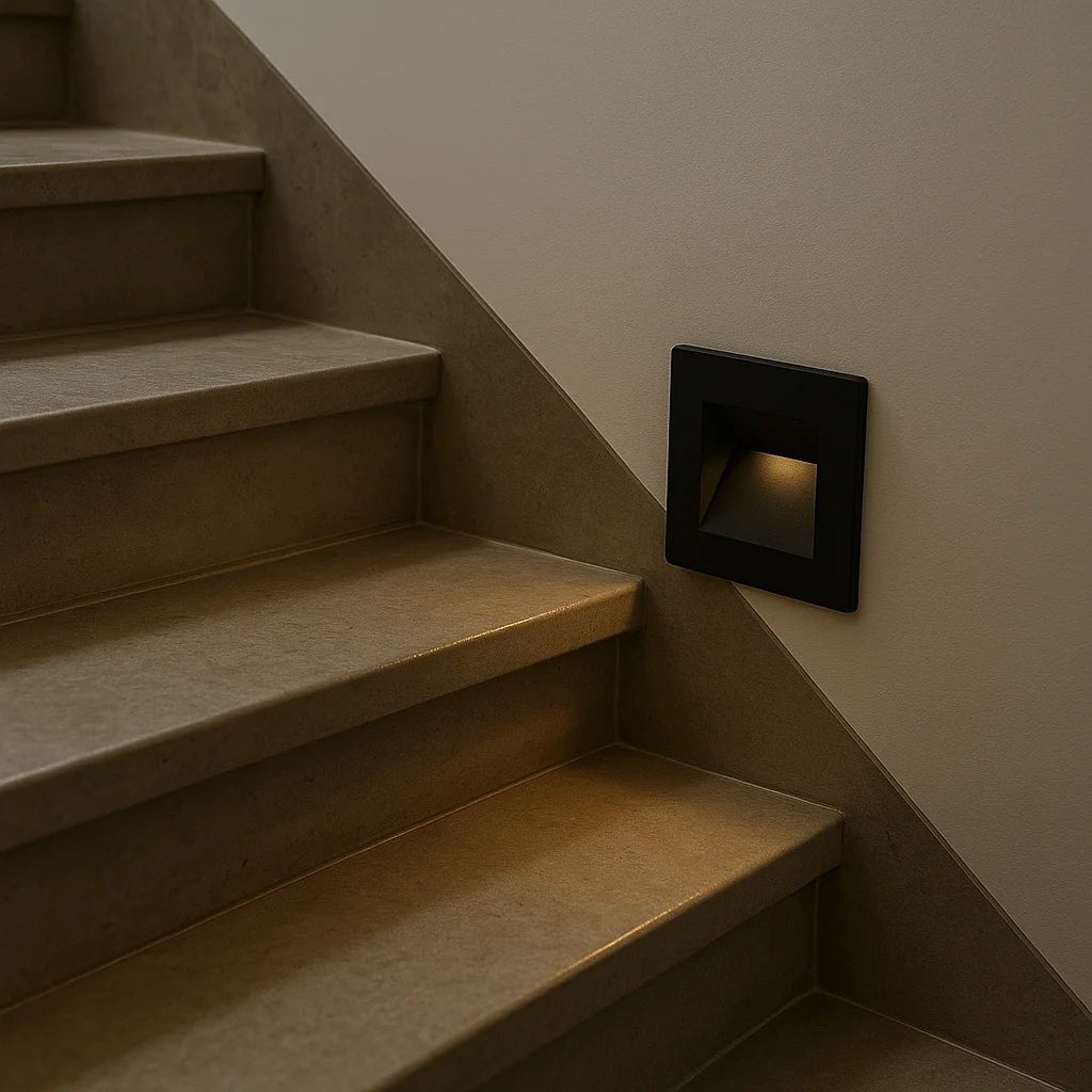 Staircase with a modern black wall light fixture on a neutral wall.