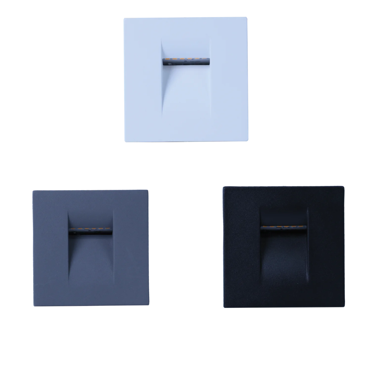 Three wall-mounted LED stair lights in white, black, and gray colors, with a minimalist square design and a central LED module.