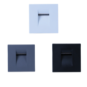 Three wall-mounted LED stair lights in white, black, and gray colors, with a minimalist square design and a central LED module.