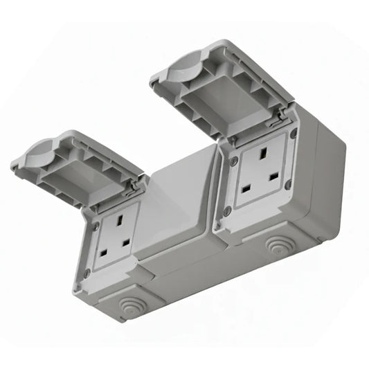 Gray electrical junction box with multiple sockets on a white background