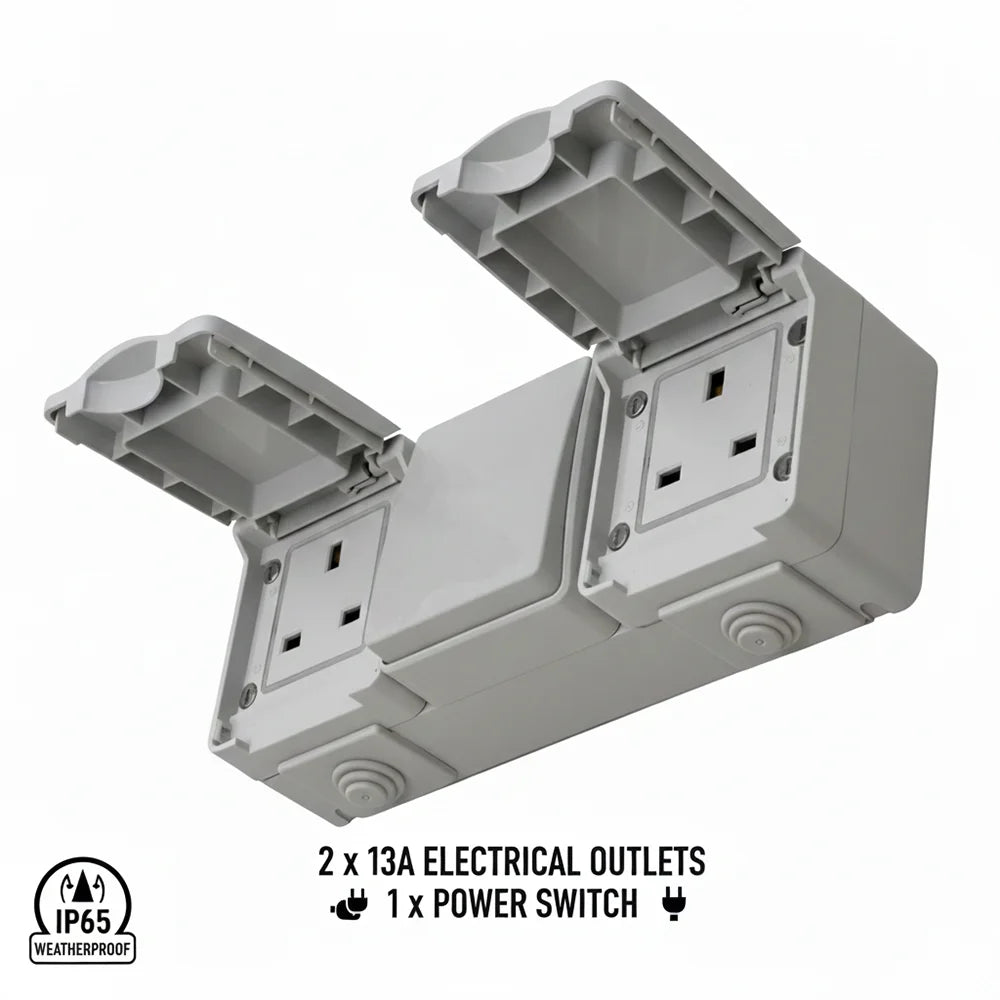 Gray electrical junction box with two 13A outlets and a power switch on a white background.