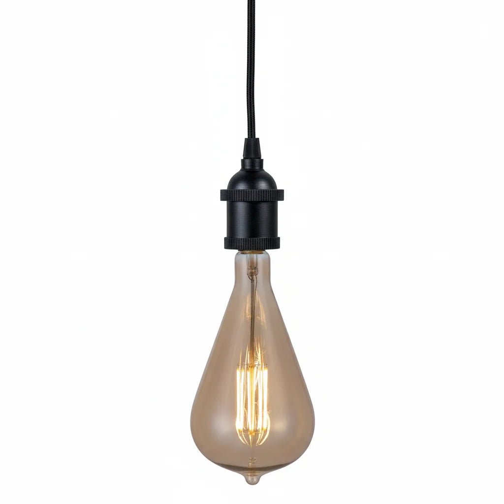 Vintage-style light bulb with a brown glass shade on a white background