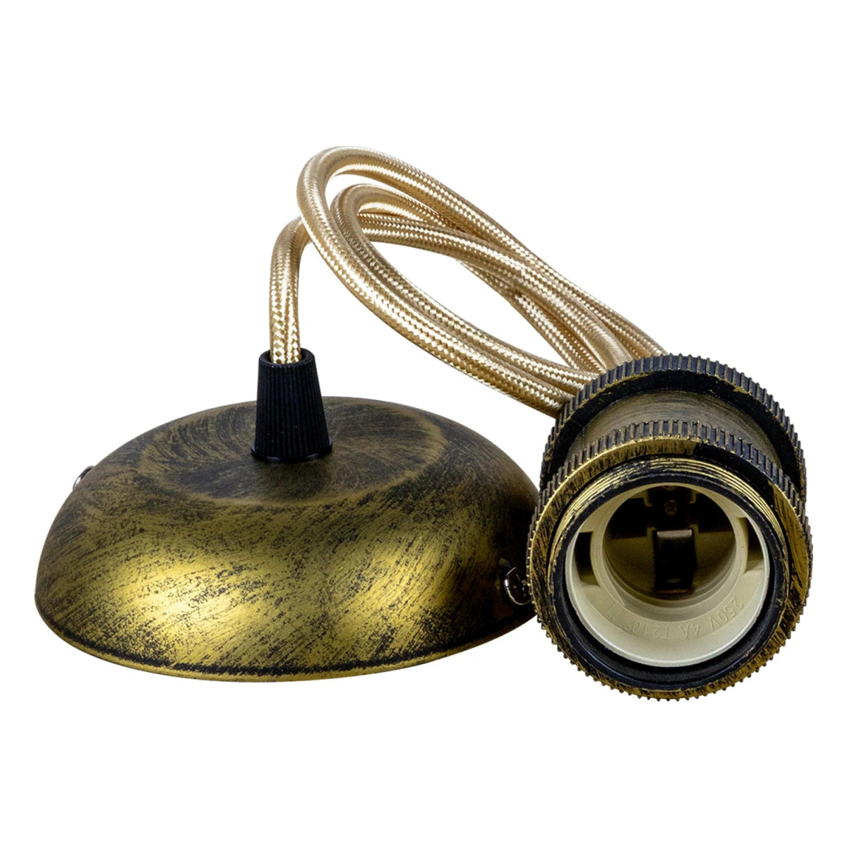 Brass lampshade with wiring and socket on a white background