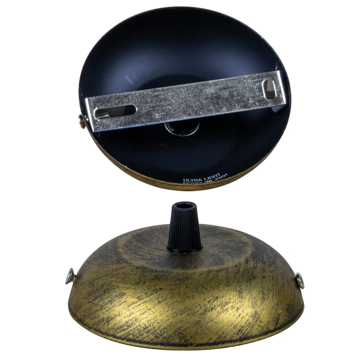 Two lamp shades, one black and one gold, on a white background