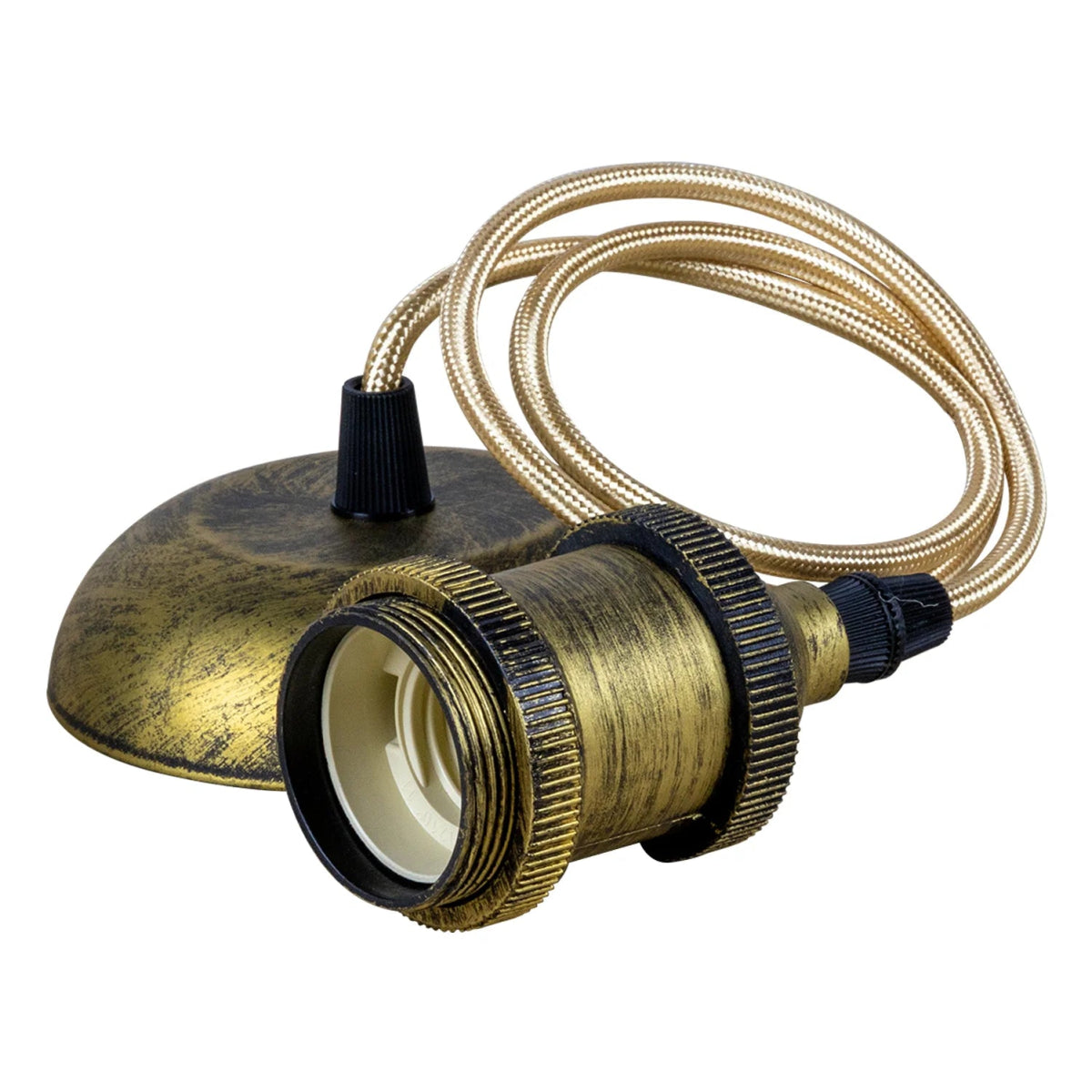 Brass lampshade with black interior and beige cord on a white background
