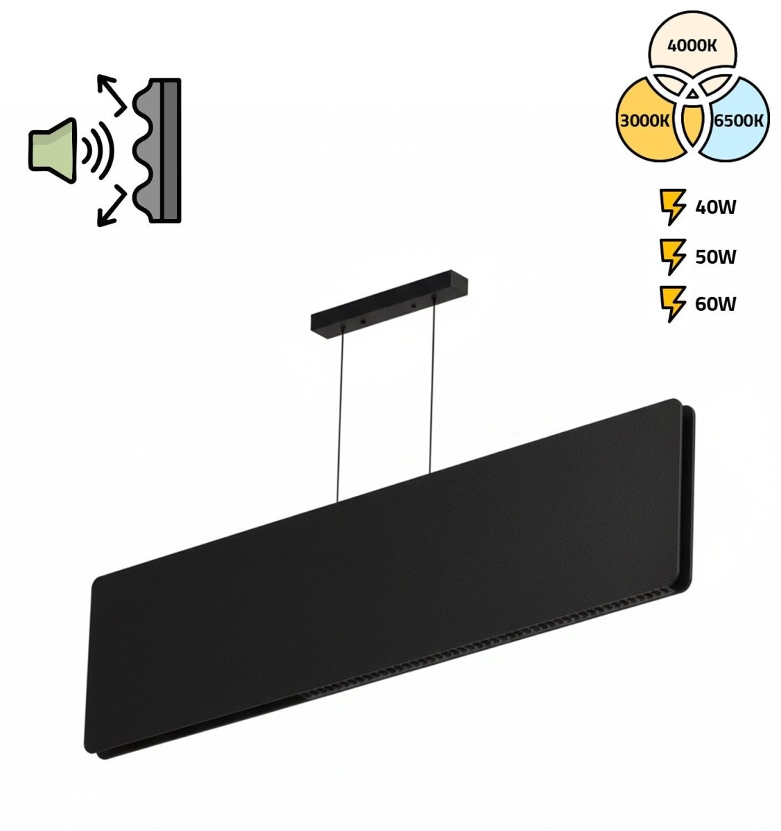 Black pendant light fixture with color temperature and wattage information on a white background