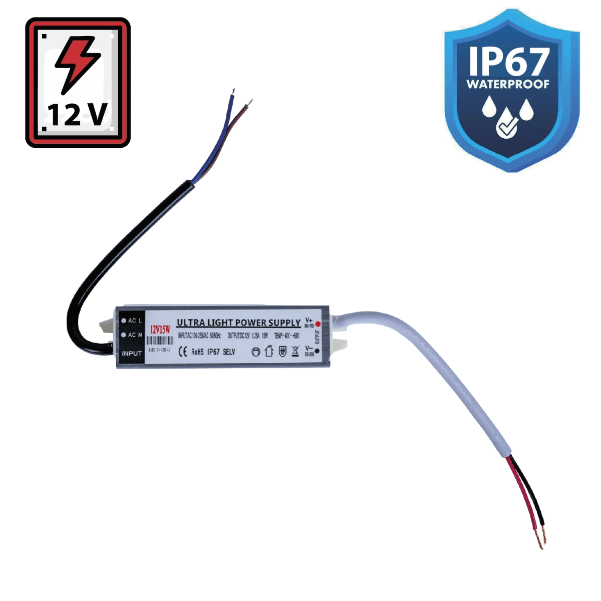 محول طاقة الترالايت مقاوم للماء 12 فولت 15 واط IP67