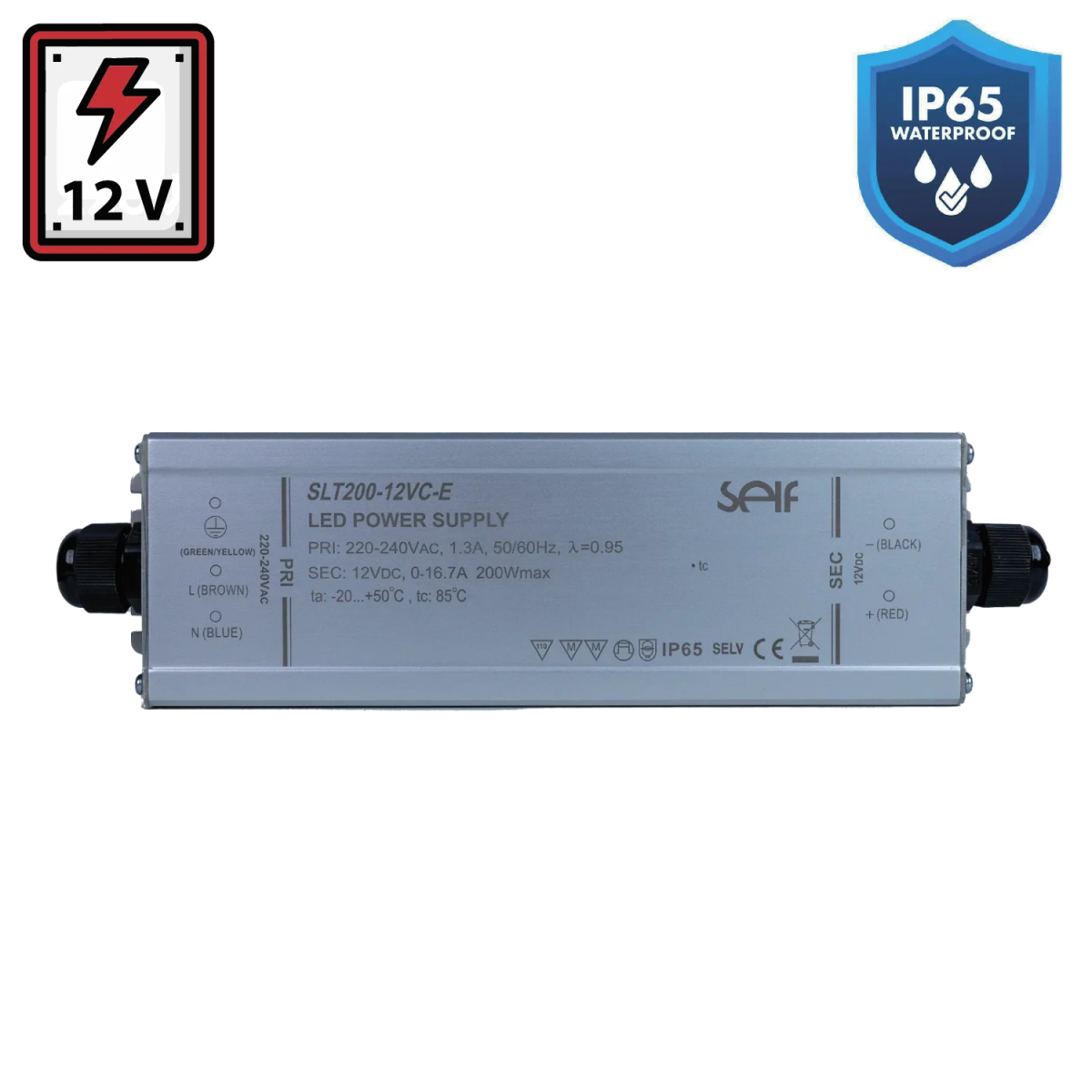 محول طاقة الترالايت مقاوم للماء 12 فولت 200 واط  IP65 (SLT200)