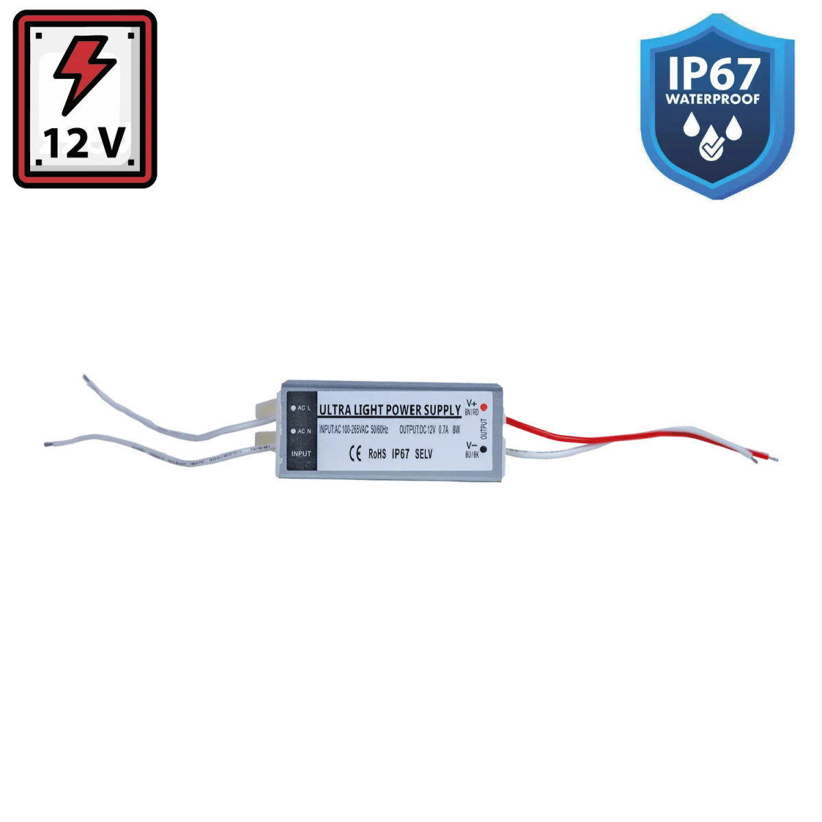 محول طاقة الترالايت مقاوم للماء 12 فولط 8 واط IP67