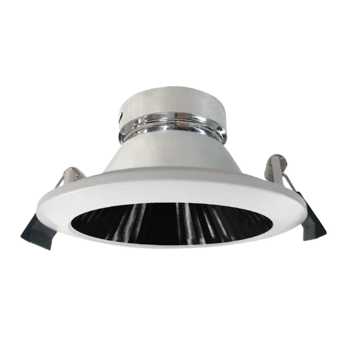 Ceiling light fixture with white housing and black interior on a white background