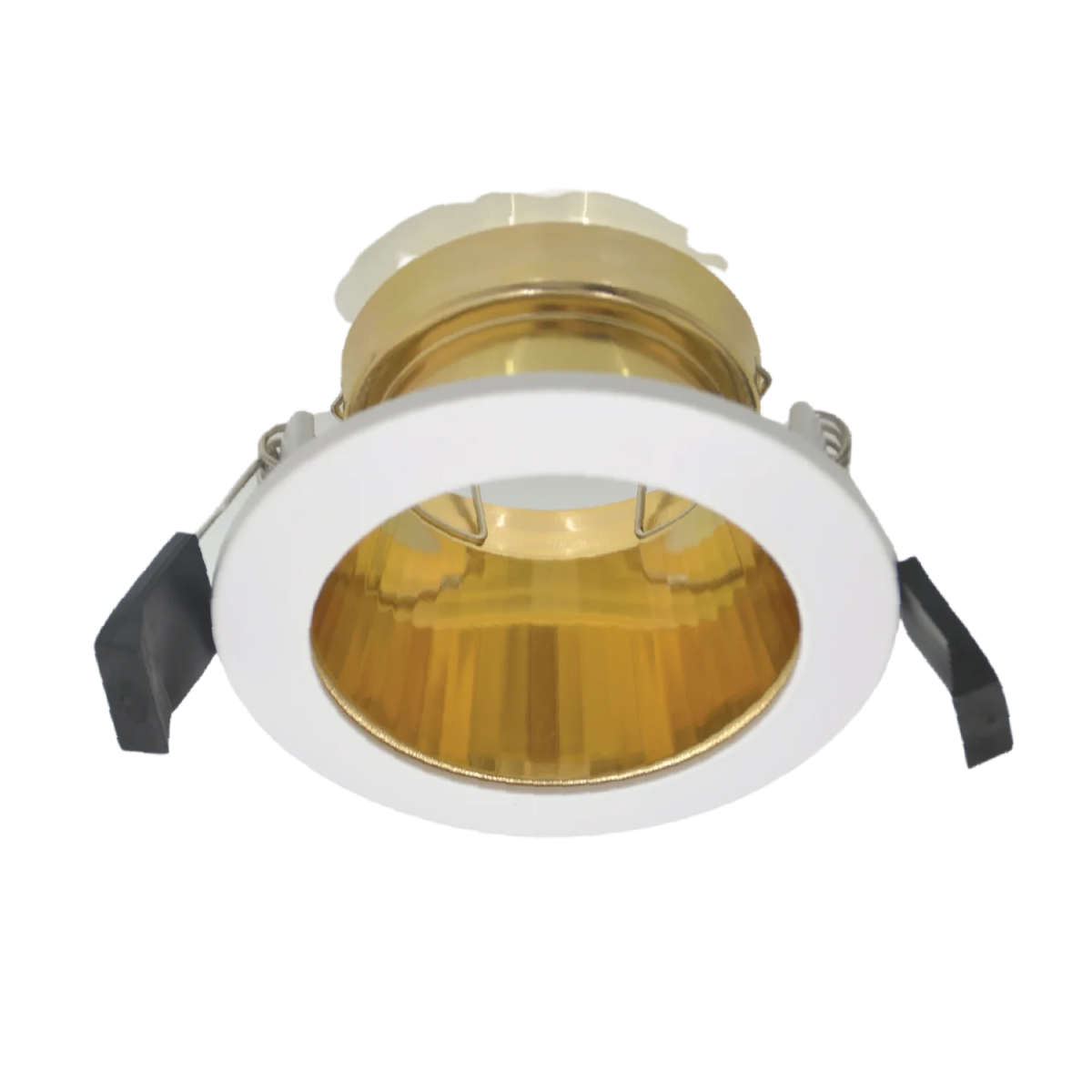 Downlight fixture with gold interior and white exterior on a white background