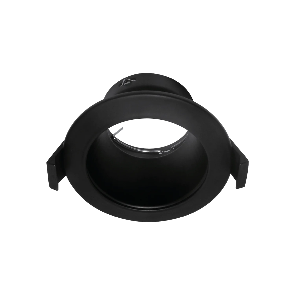 Black recessed lighting fixture on a white background