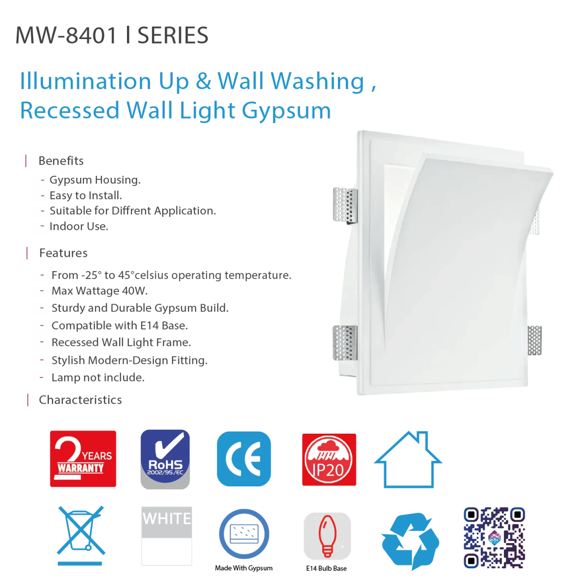 Ultralight Recessed Gypsum wall Light Frame E14 (MW-8401)