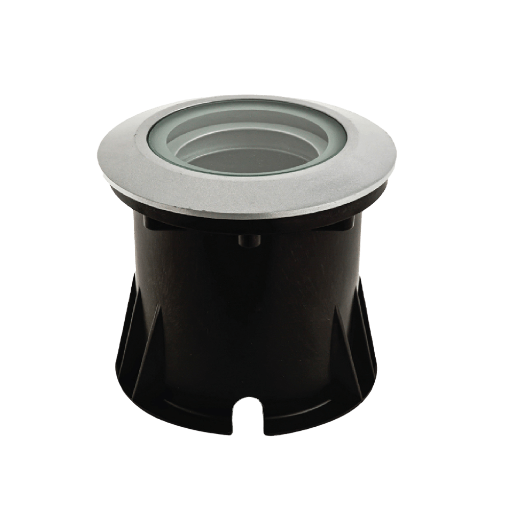 A silver recessed inground light with a transparent glass cover, made of corrosion-resistant aluminum, designed for outdoor lighting.