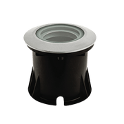 A silver recessed inground light with a transparent glass cover, made of corrosion-resistant aluminum, designed for outdoor lighting.