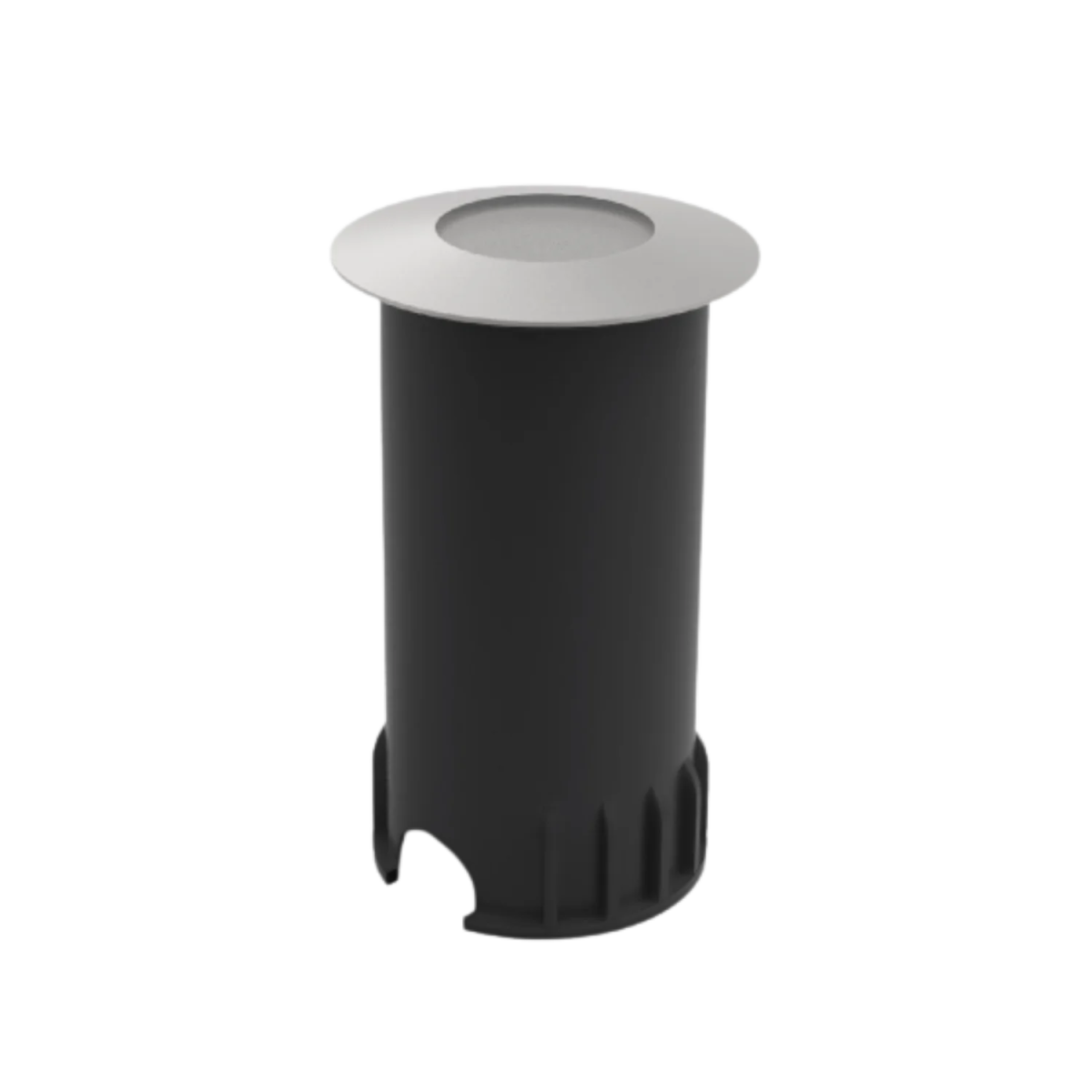 A silver recessed inground light with a transparent glass cover, made of corrosion-resistant aluminum, designed for outdoor lighting.