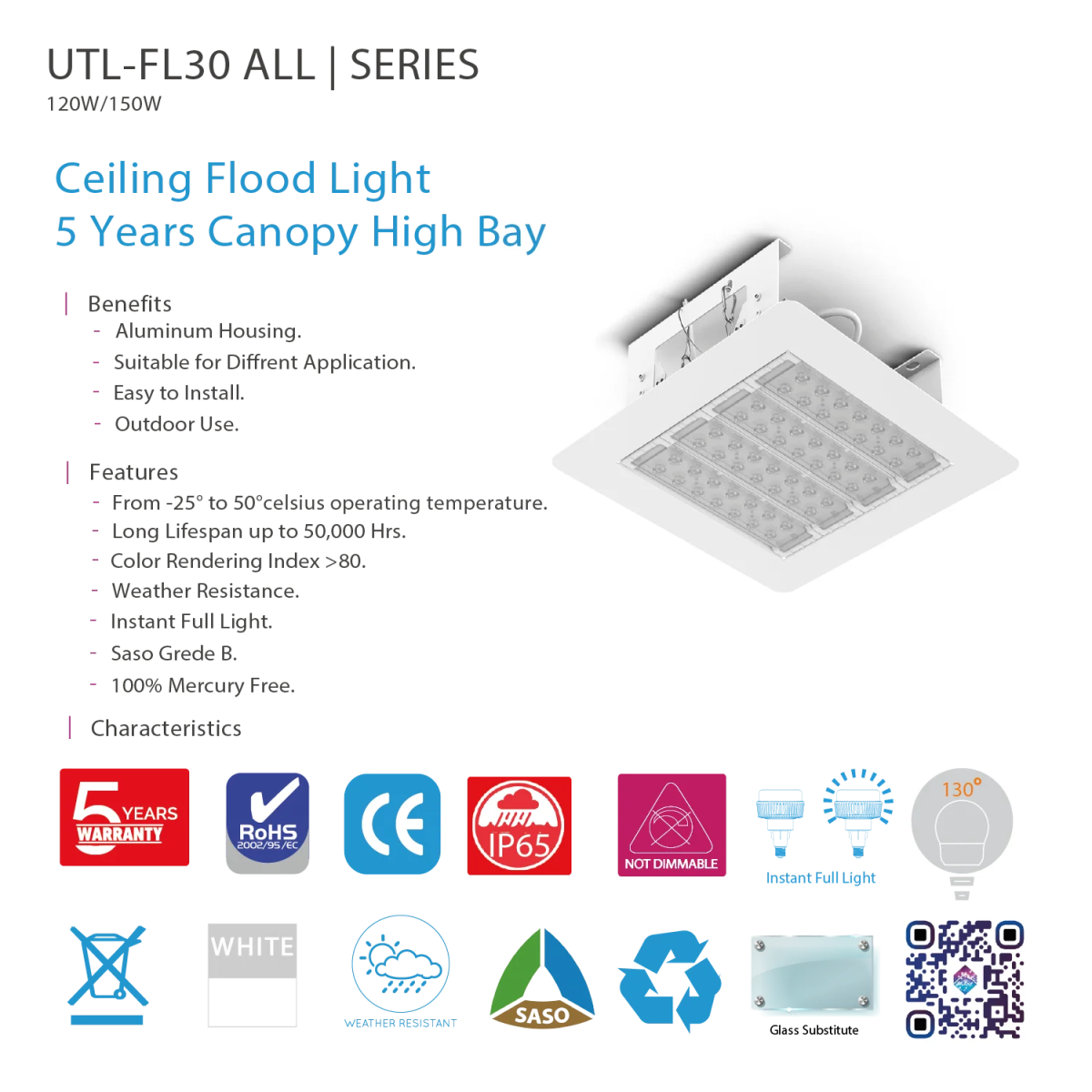 Ultralight Recessed & Pendant High Bay 150W IP65 5 Years Warranty (UTL-FL30)