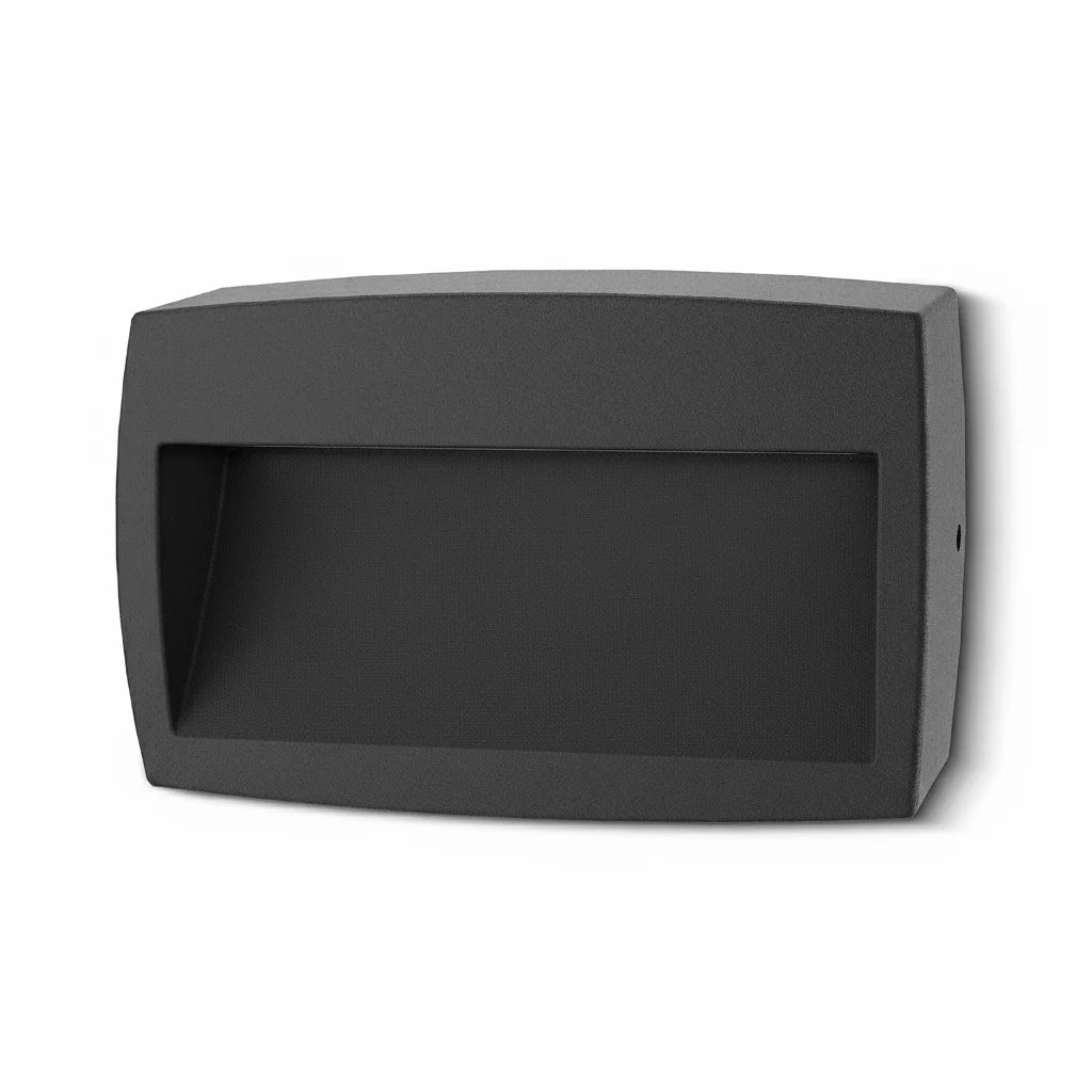Black rectangular outdoor light fixture on a white background