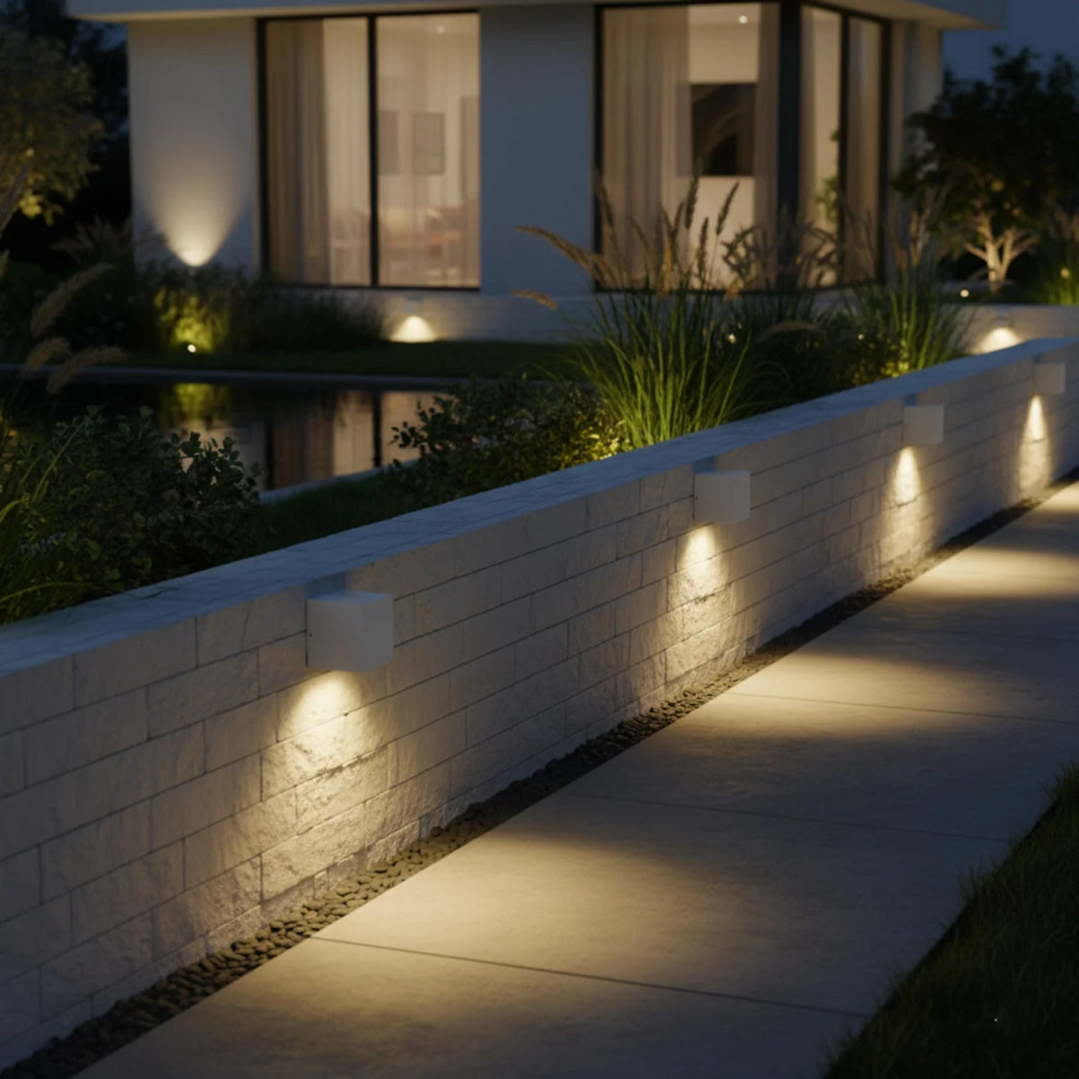 Modern outdoor setting with illuminated wall lights on a white brick wall and pathway.