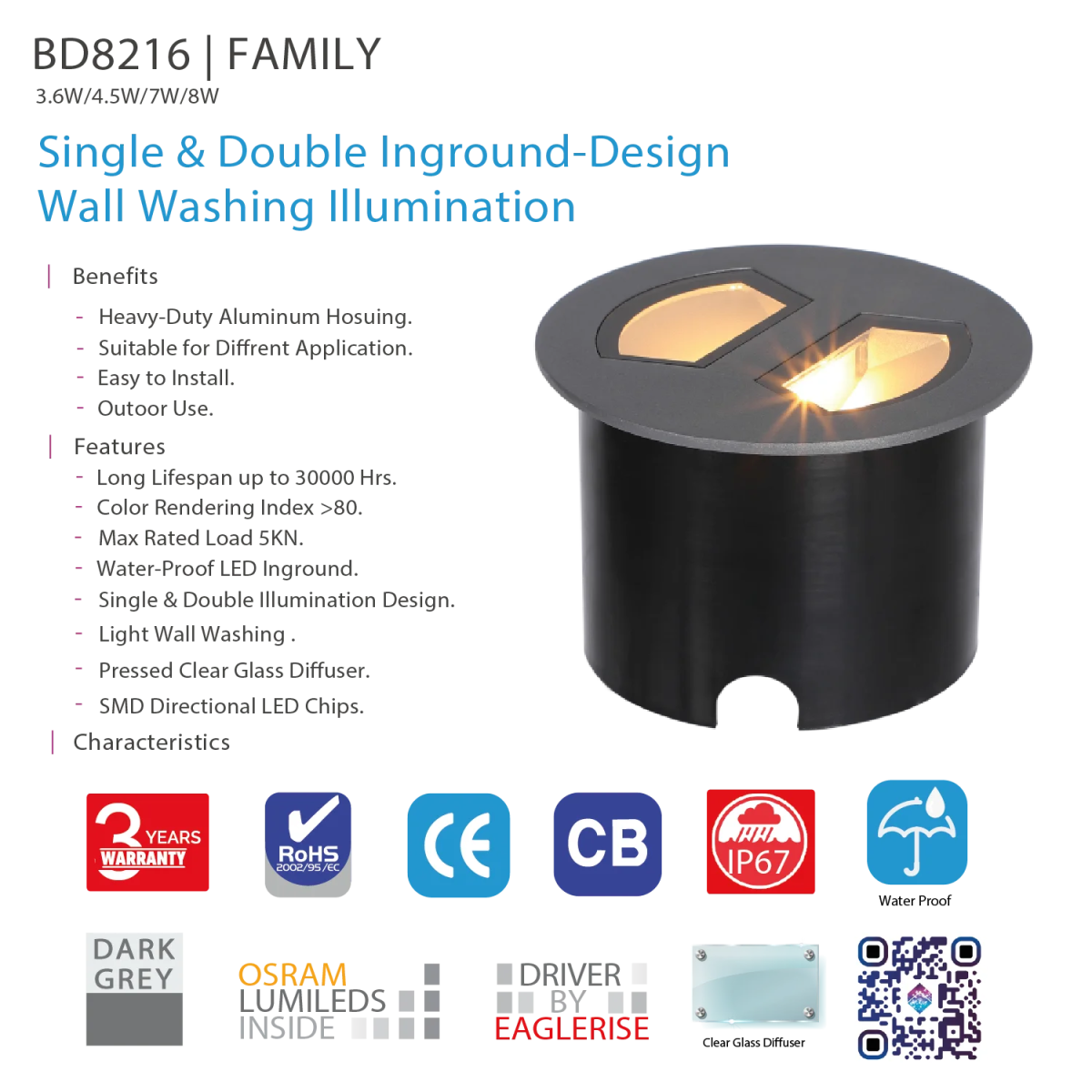 إضاءة أرضية ليد خارجية مقاومة للماء IP67 - تصميم مفرد ومزدوج من الترالايت (BD8216)