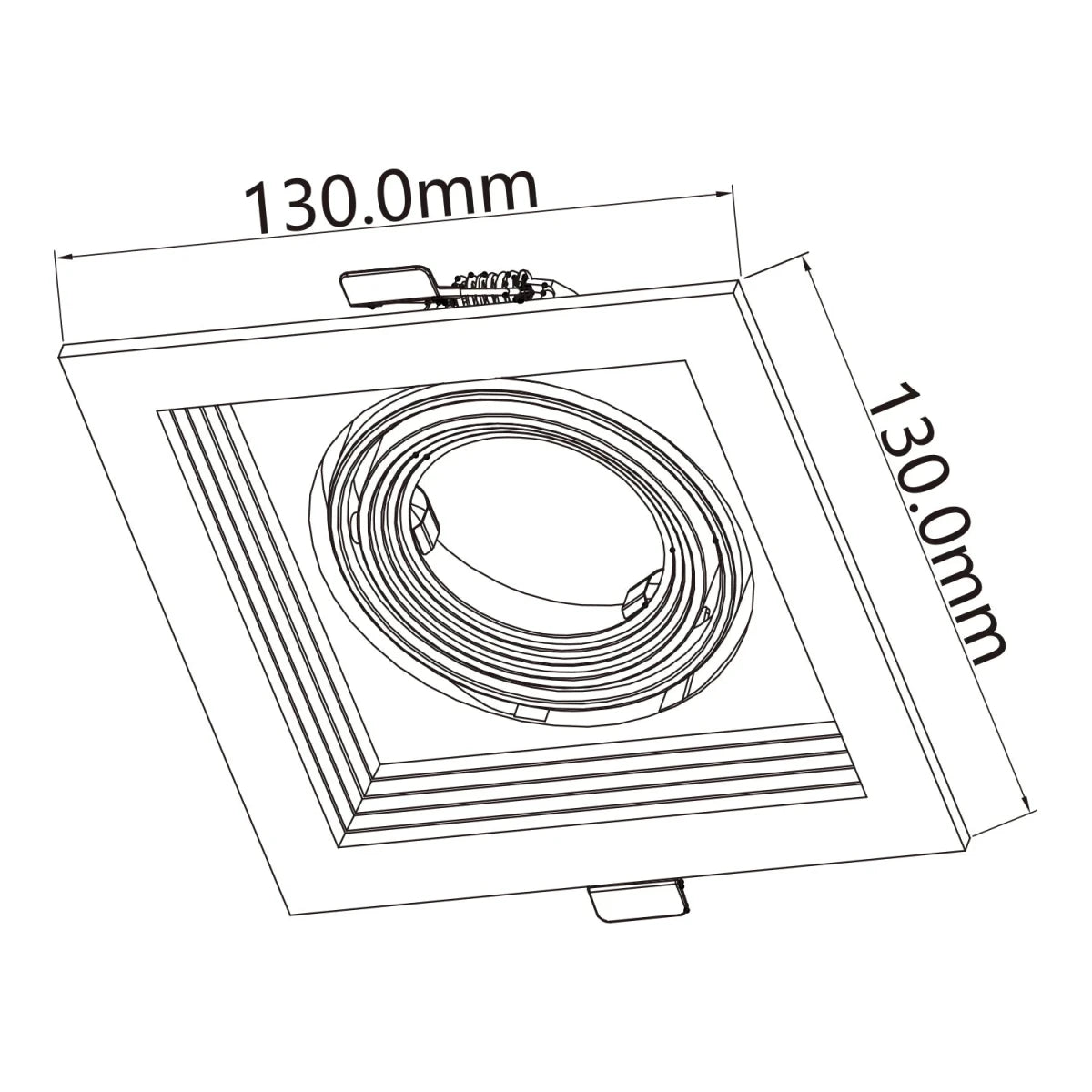 Measurement diagram of a square light fixture with dimensions 130.0mm.