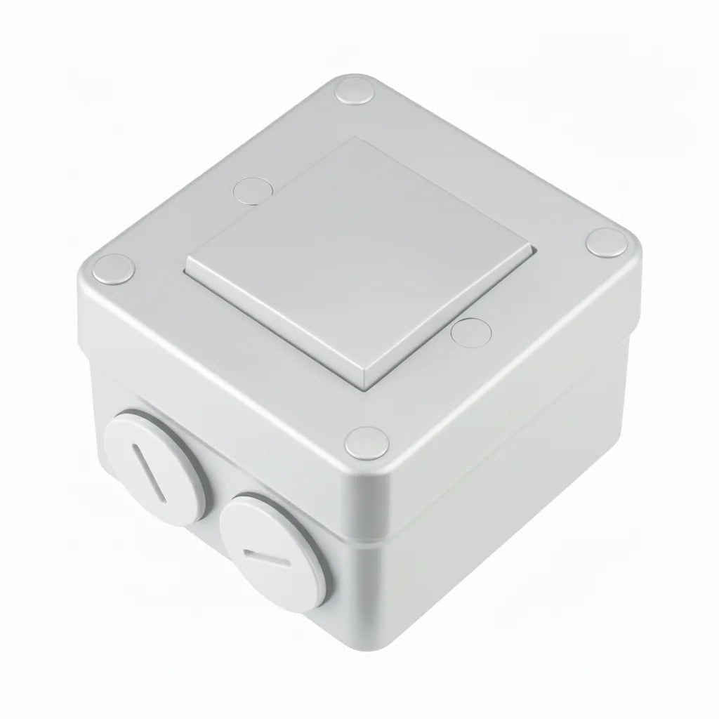 White plastic junction box with two circular ports on a white background