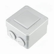White plastic junction box with two circular ports on a white background