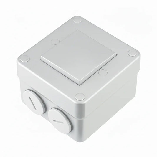 White plastic junction box with two circular ports on a white background