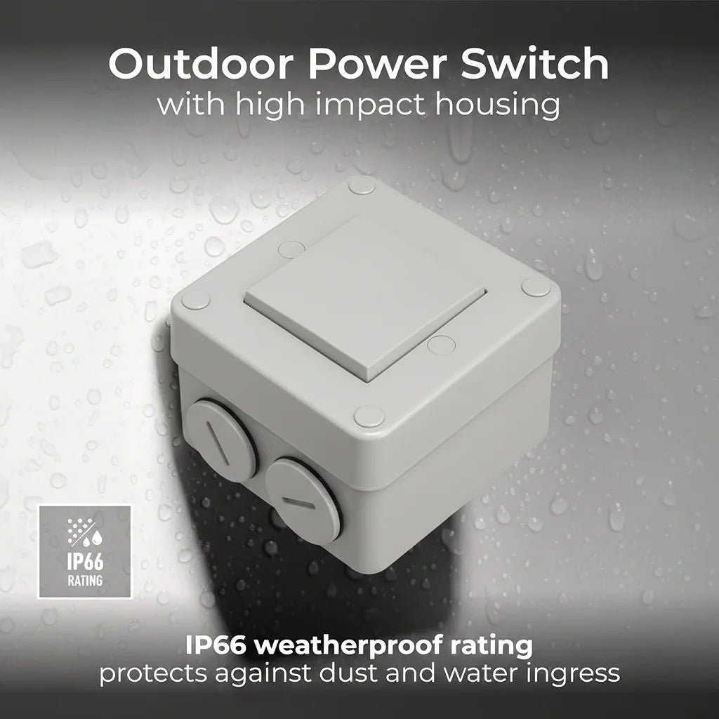 Outdoor power switch with high impact housing on a gray background