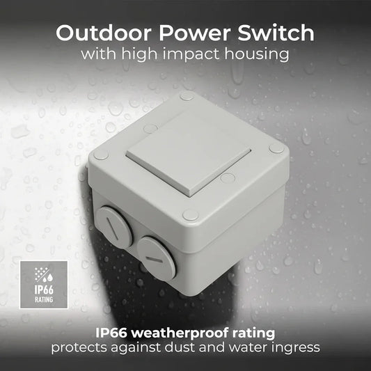 Outdoor power switch with high impact housing on a gray background