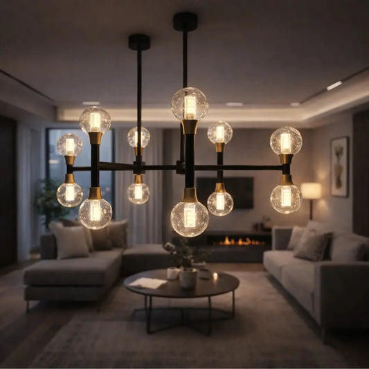 Modern chandelier with multiple light bulbs in a living room setting